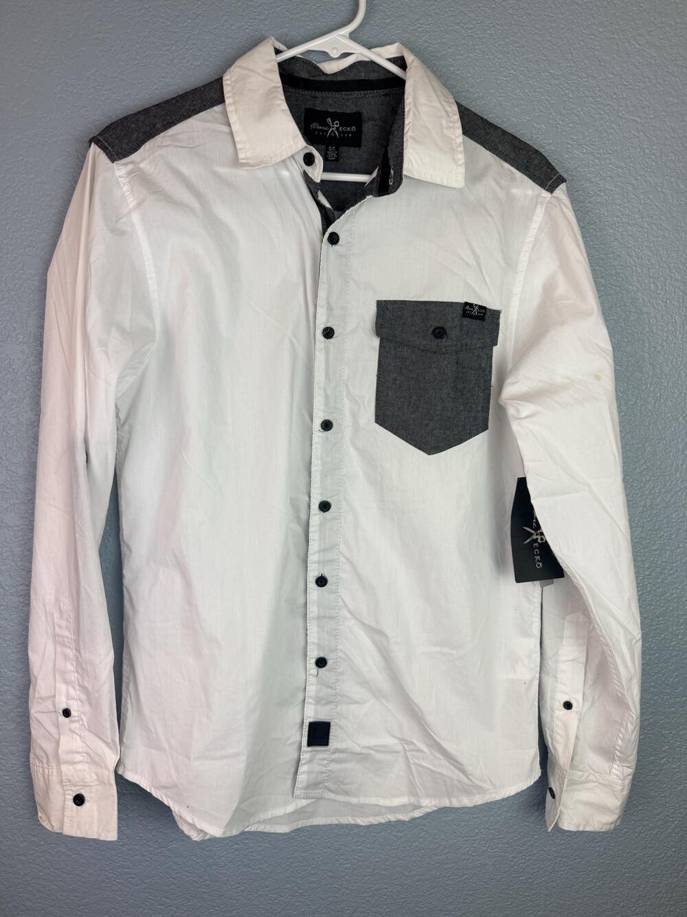 Marc Ecko Shirt Mens Small White Gray Colorblock Button Up Long Sleeve Cut & Sew